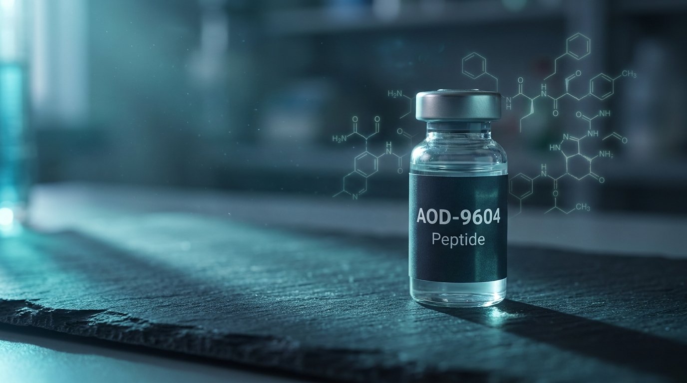 AOD-9604 peptide vial on a dark lab bench with navy and teal lighting
