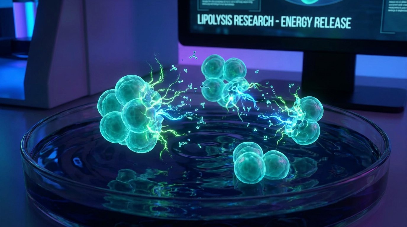 Abstract visualization of adipose fat cell lipolysis with bioluminescent teal glow