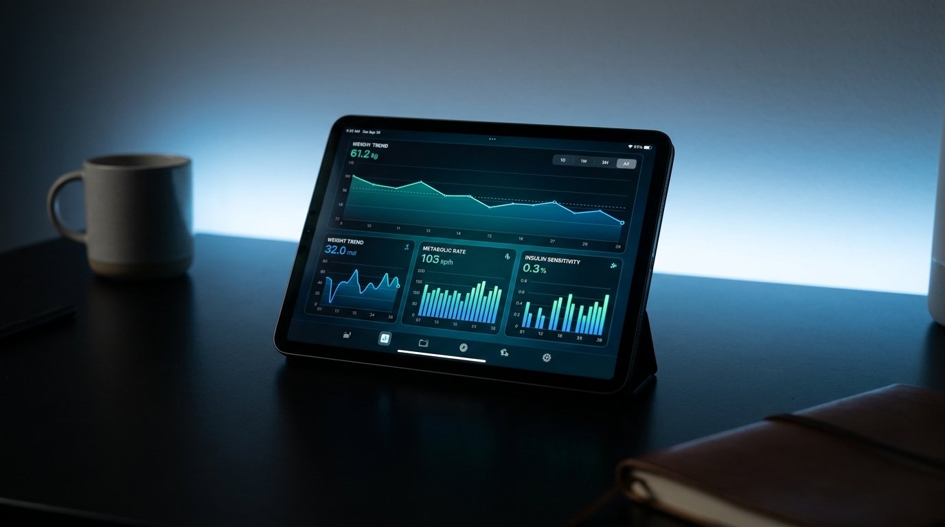 Metabolic health tracking dashboard showing weight loss trend, metabolic rate, and insulin sensitivity data