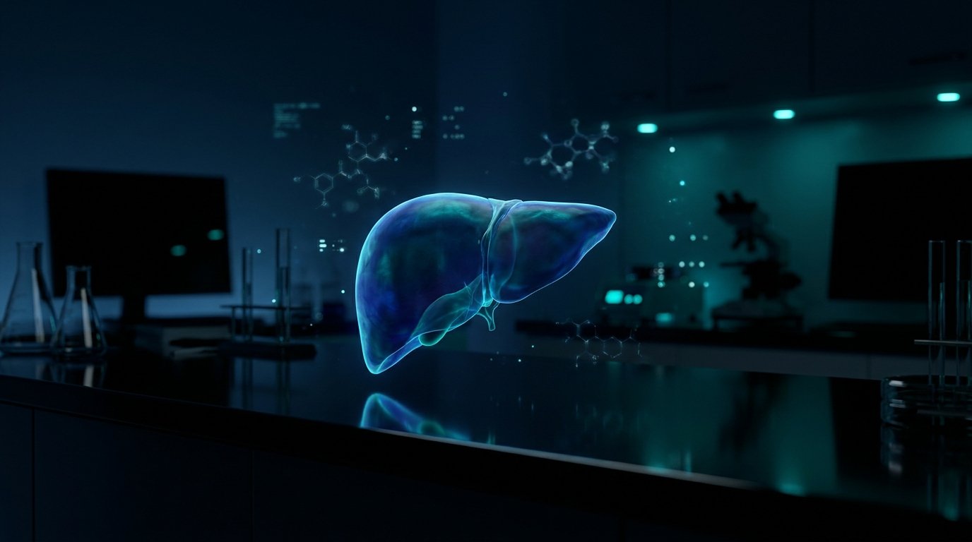 Holographic liver model in dark laboratory representing MASLD and hepatic fat reduction through retatrutide's glucagon mechanism