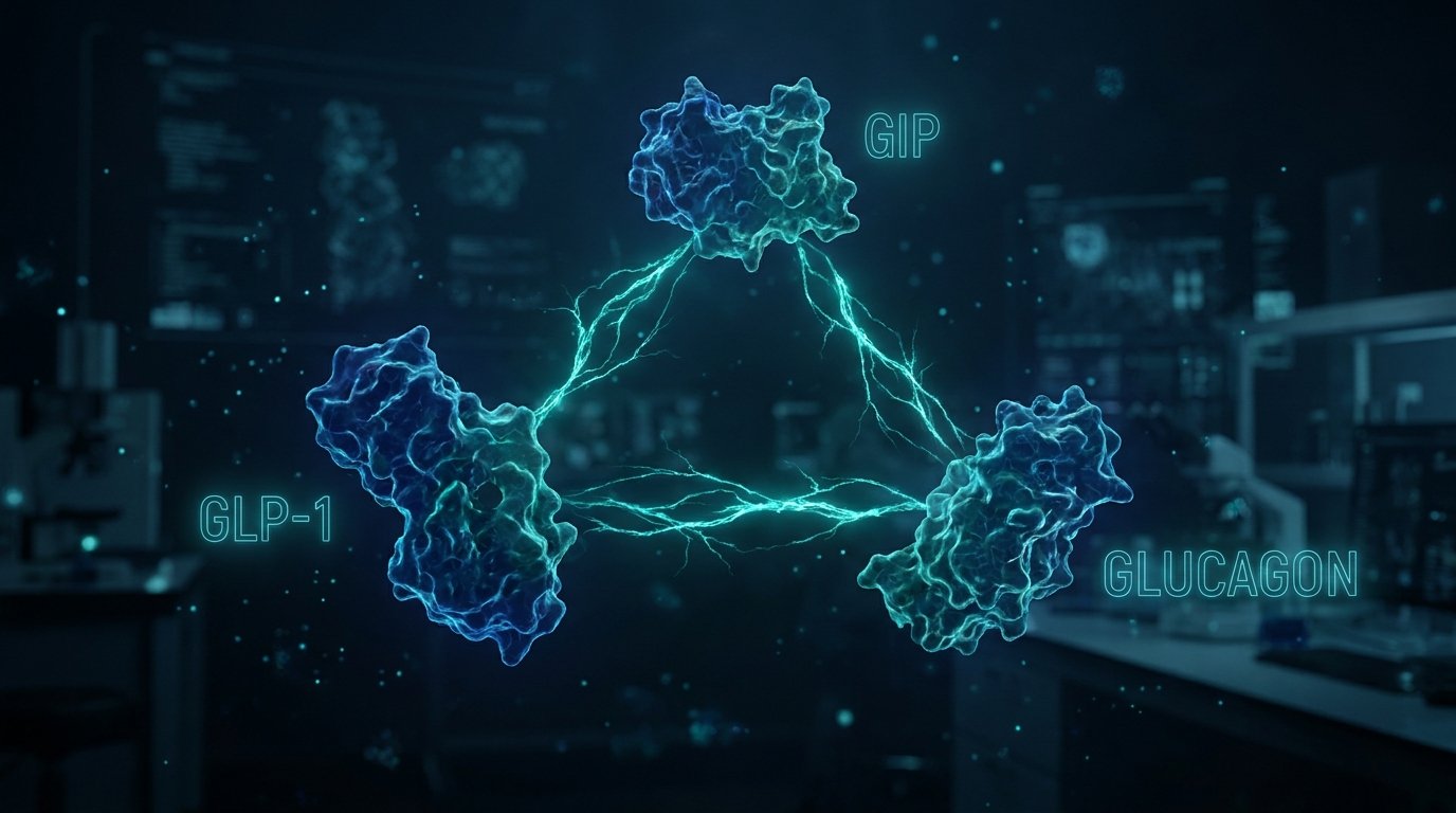 GLP-1, GIP, and Glucagon receptor triple mechanism of retatrutide visualized as connected molecules in a dark lab