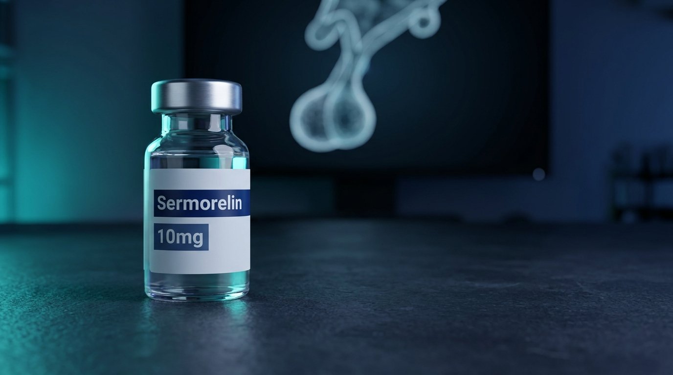 Sermorelin 10mg peptide vial on a dark lab bench with navy blue and teal accent lighting