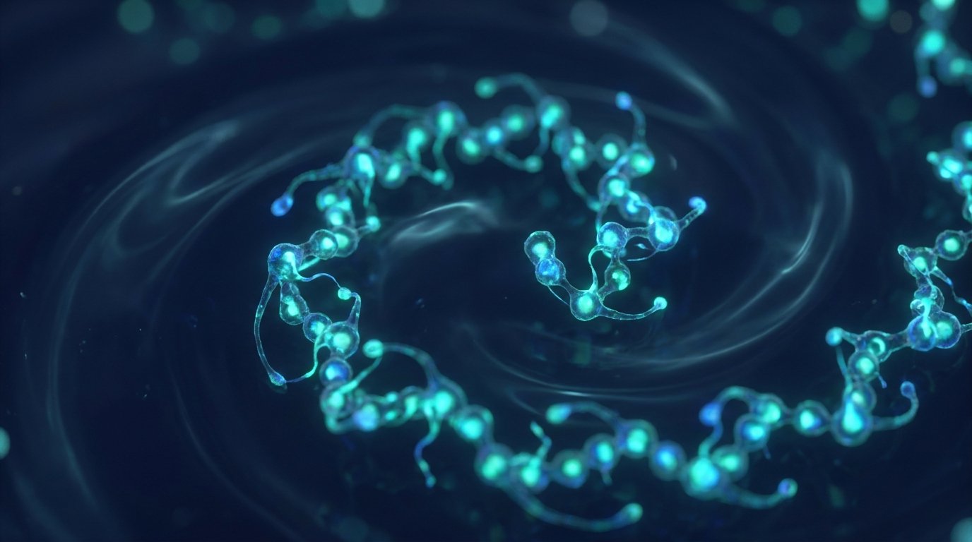 Glowing peptide molecular chains representing the GHRH hormone signaling cascade