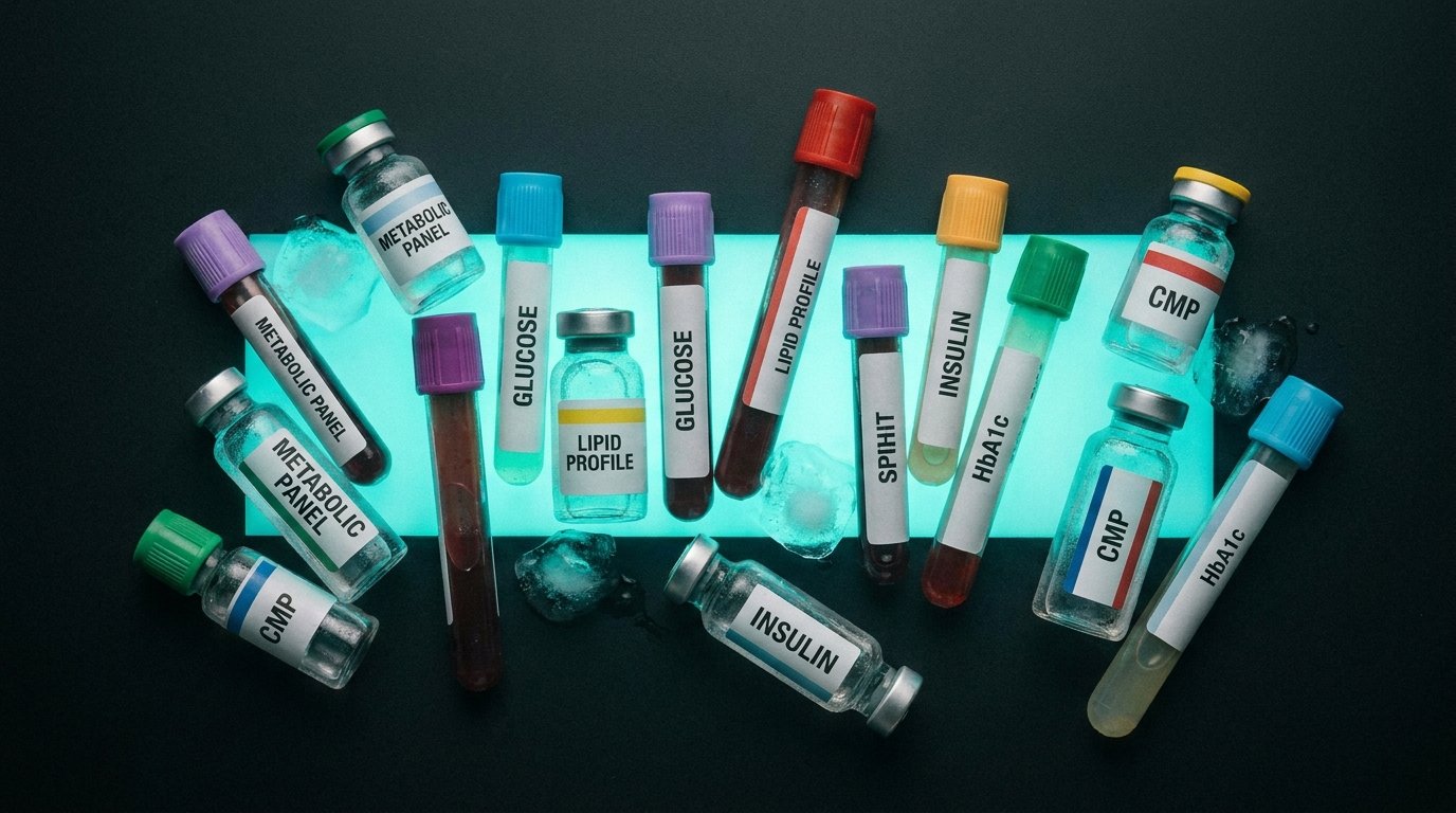 Clinical metabolic lab test vials including glucose, insulin, and CMP panels