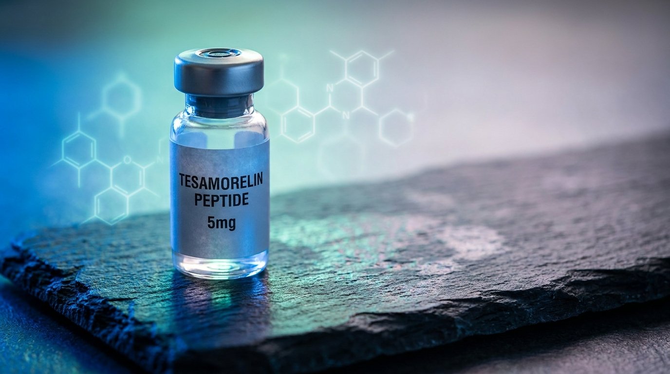 Tesamorelin peptide vial on dark slate surface with navy and teal molecular structure lighting