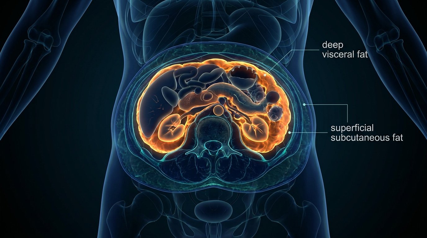 3D scientific cross-section showing deep visceral fat versus subcutaneous fat layers