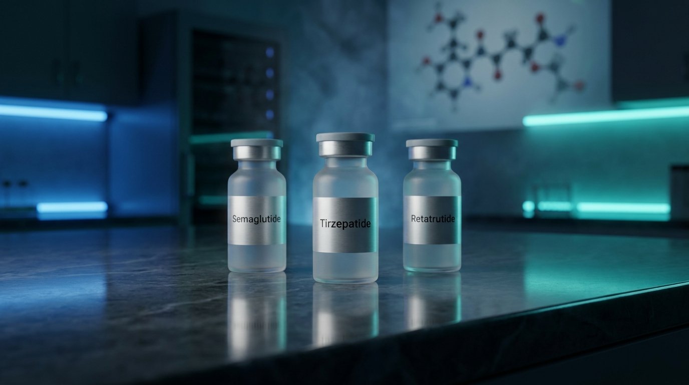 Semaglutide, Tirzepatide, and Retatrutide vials side by side in a dark lab