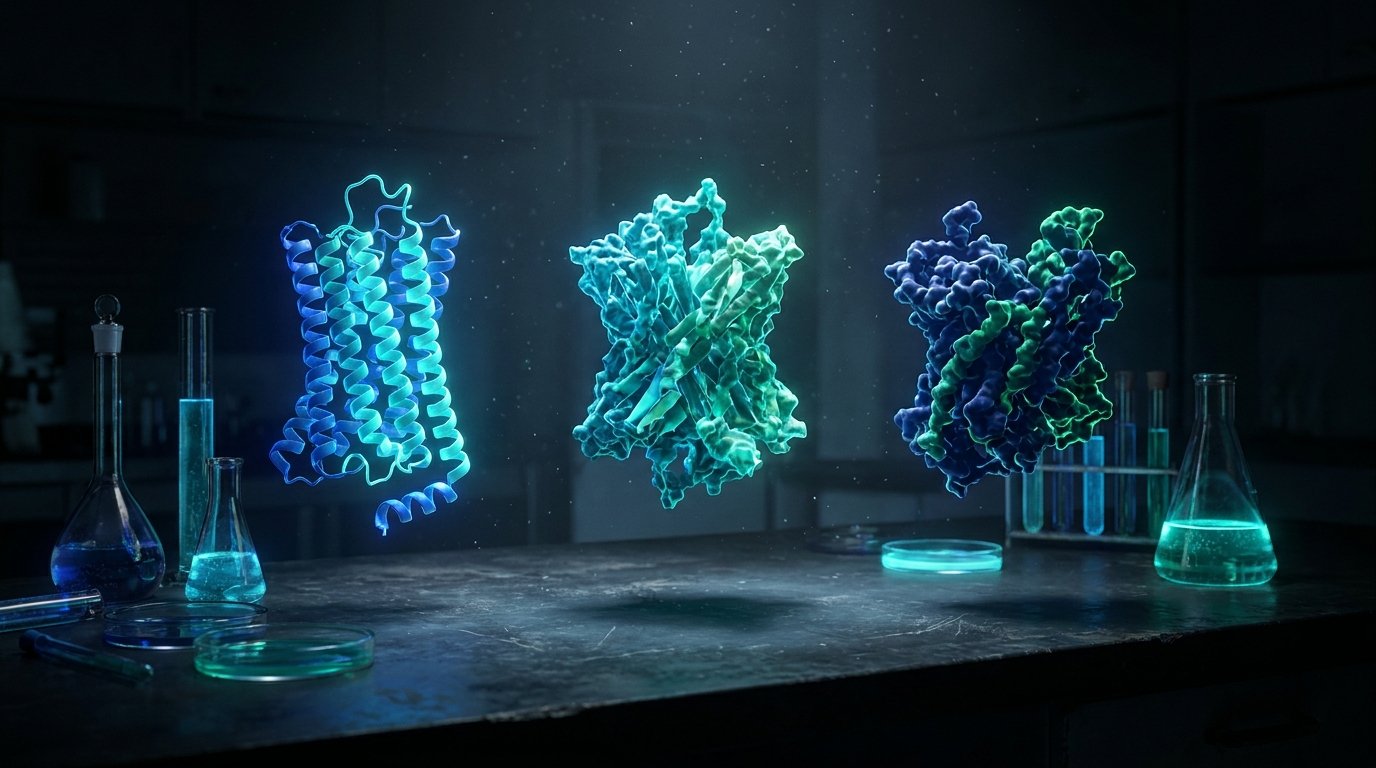 Three glowing molecular receptor structures representing GLP-1, GIP, and glucagon receptors