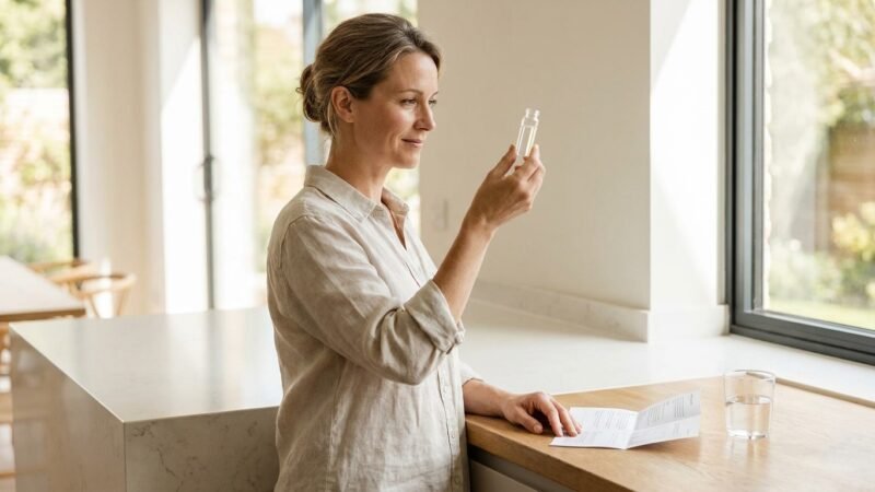 Woman in a bright kitchen examining a compounded medication vial in natural window light