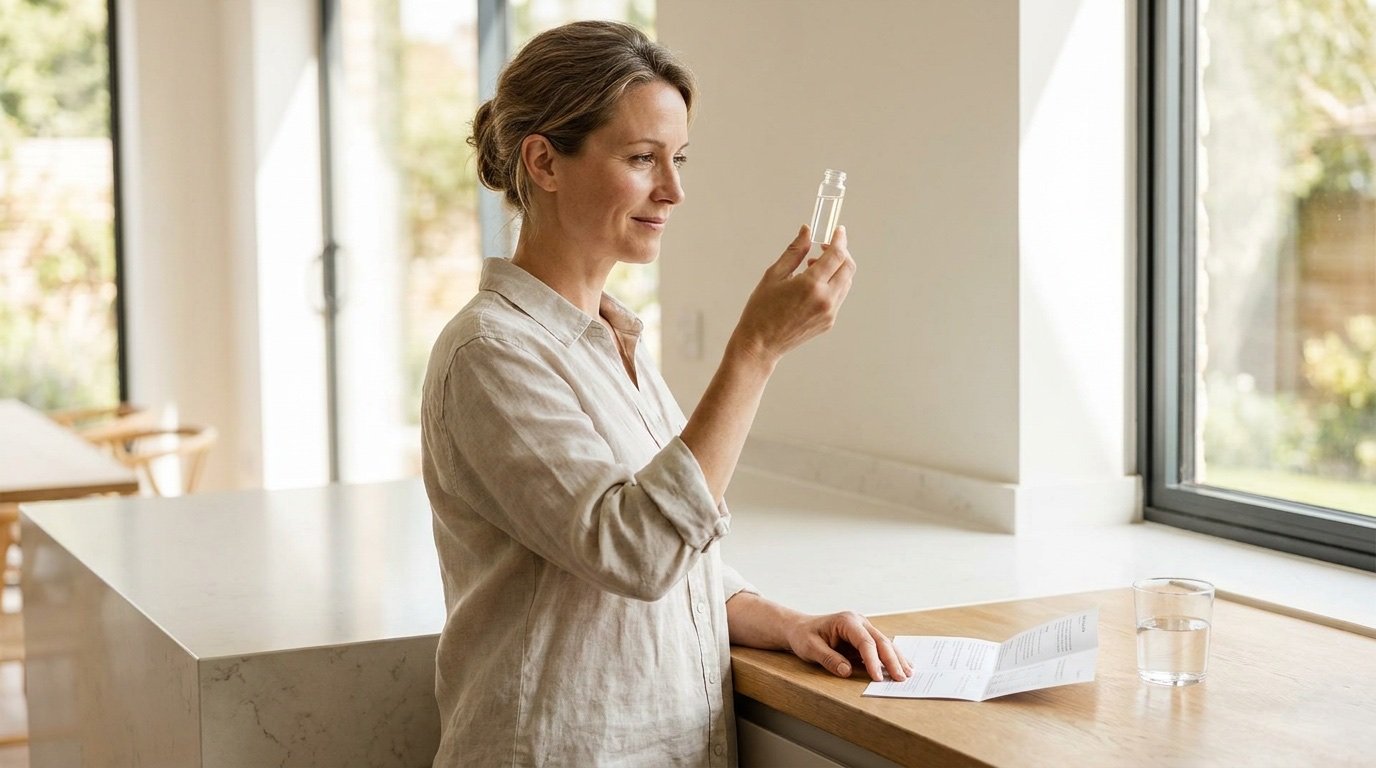Woman in a bright kitchen examining a compounded medication vial in natural window light