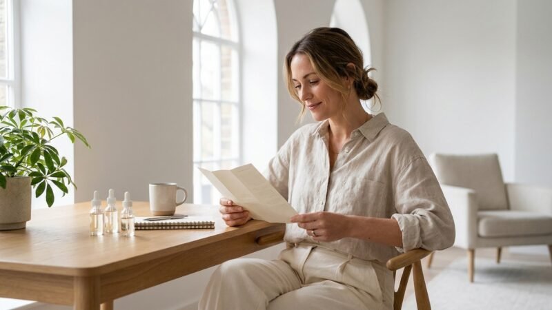Woman reading a peptide information leaflet at a bright sunlit desk with small vials nearby
